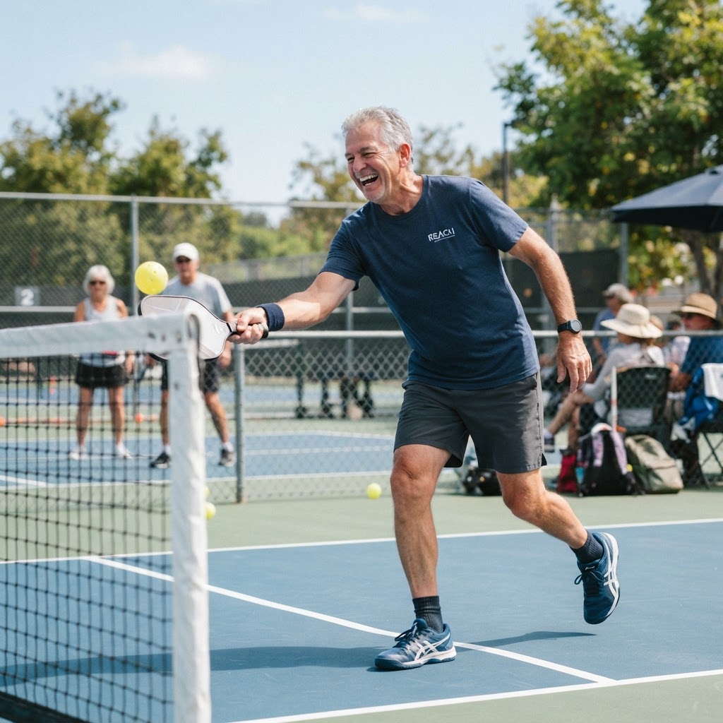 Older man having fun playing pickleball recreationally