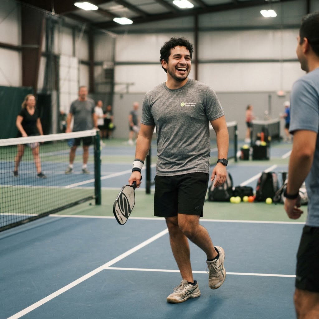 Younger Latino male recreational player smiling and having fun playing pickleball