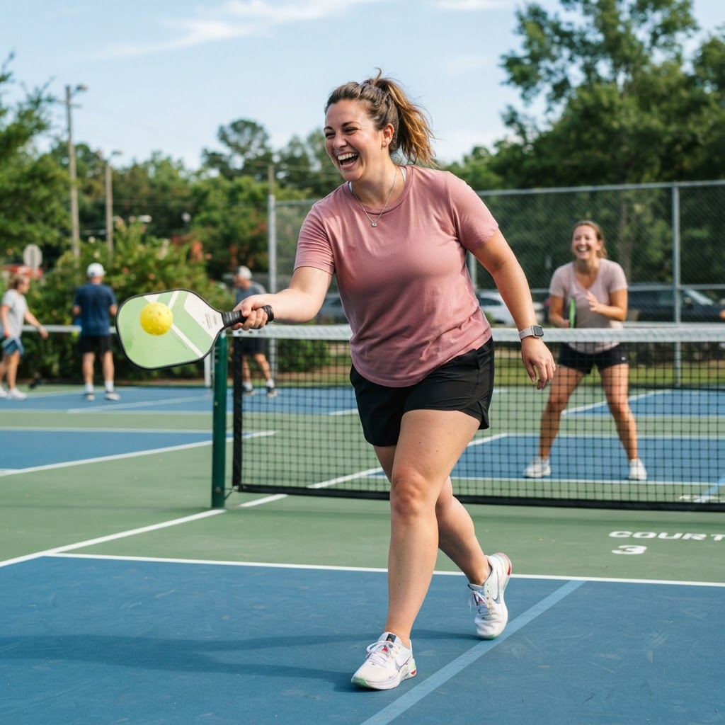 Average woman having fun playing pickleball recreationally