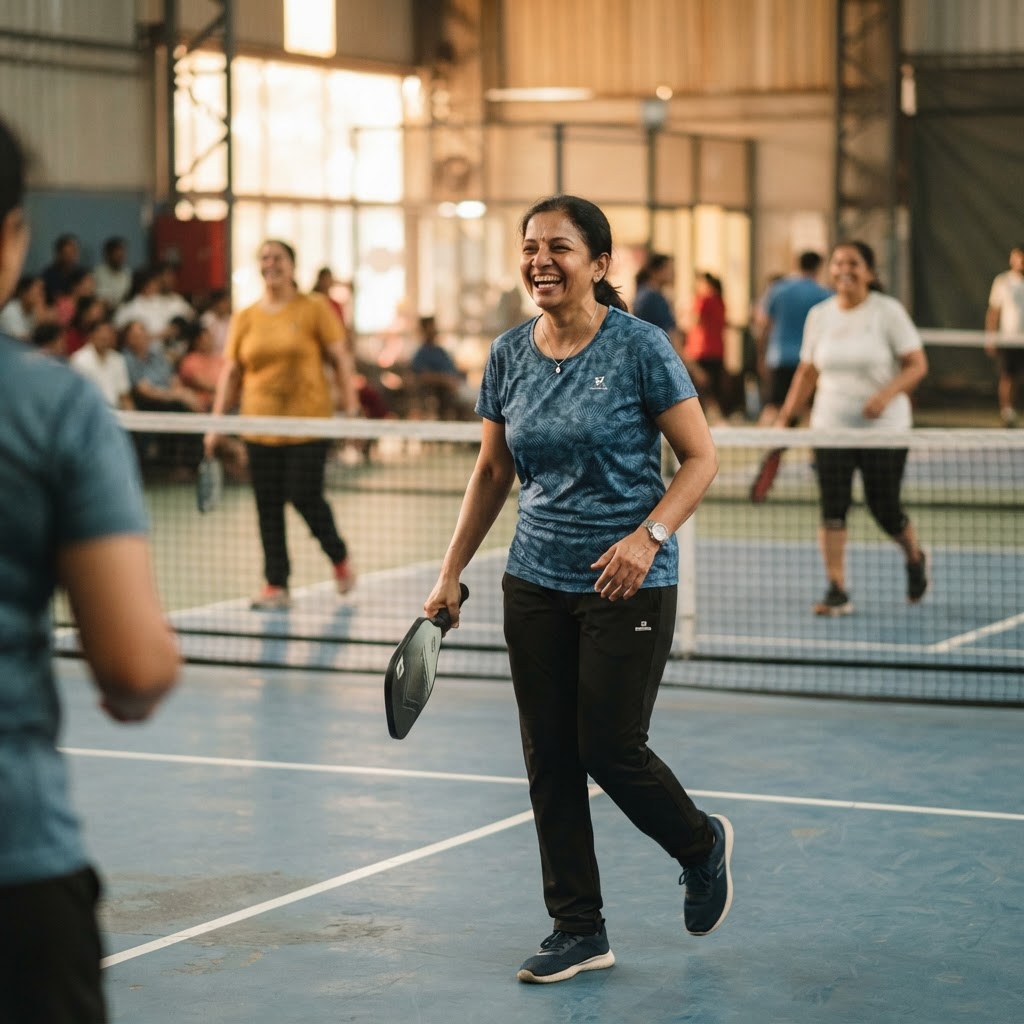 Indian recreational player smiling and having fun playing pickleball