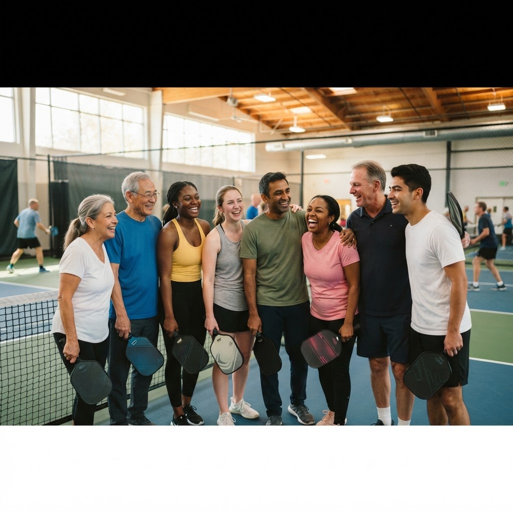 Smiling pickleball players of different ages on a court