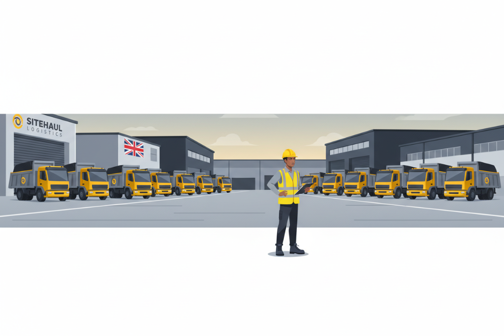 Logistics yard with tipper trucks and haulier in high-visibility vest