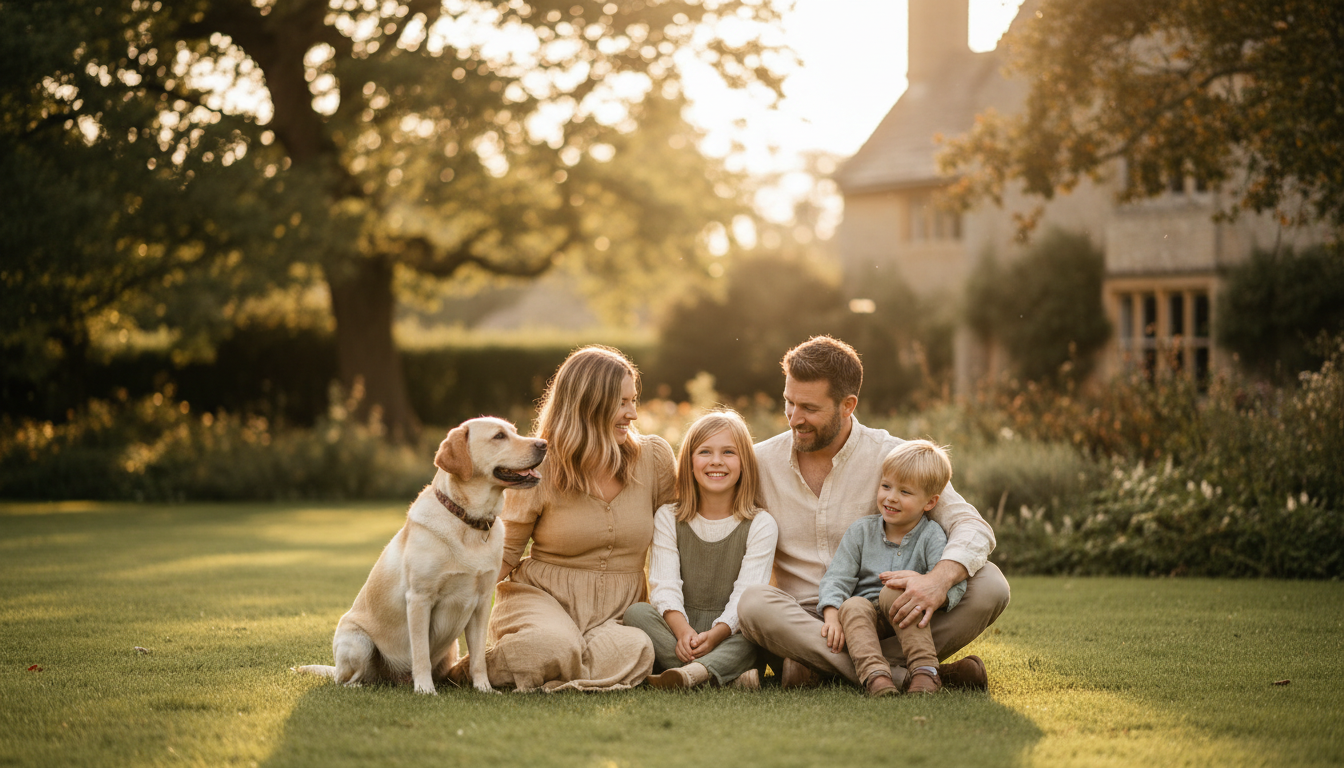 Redbourne Manor - family dog placement and lifelong support Family enjoying time with their dog in the countryside