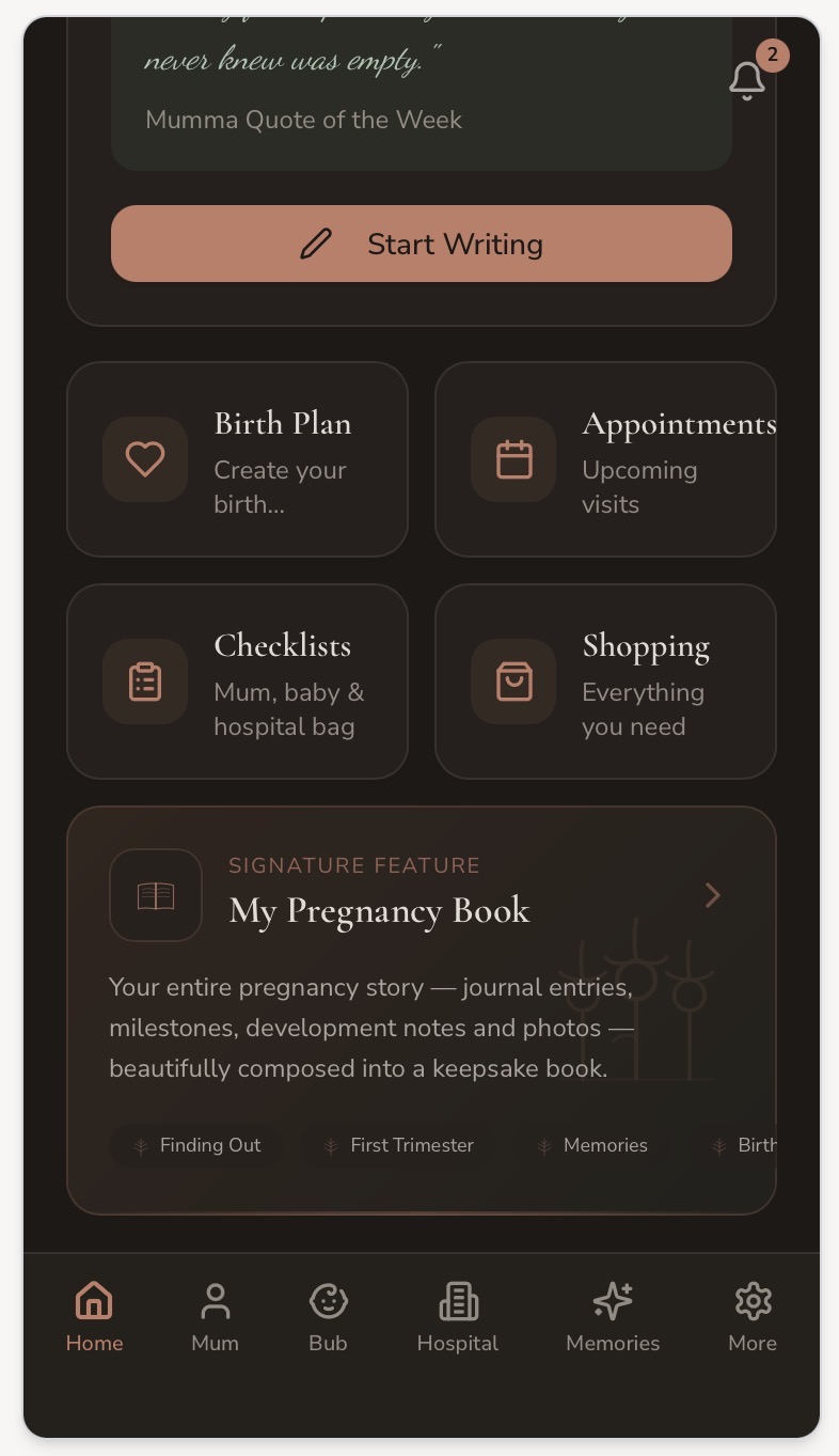 Before We Meet dark mode home screen with birth plan, appointments, checklists, shopping and the pregnancy book