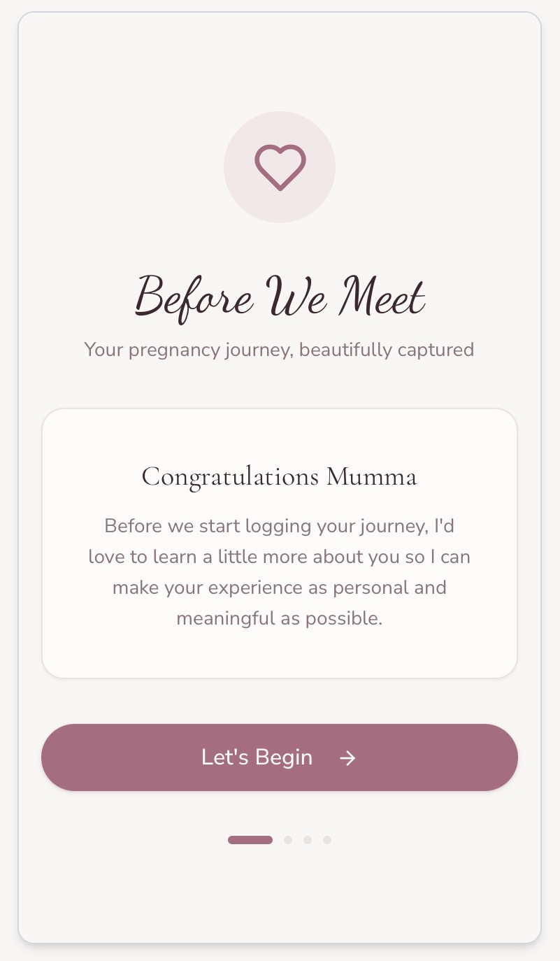Before We Meet welcome screen inviting a new mumma to begin her journey