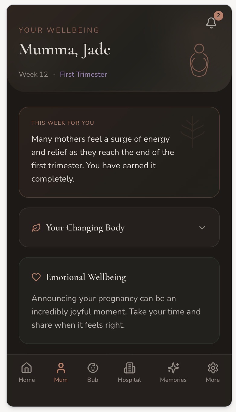 Before We Meet Mum screen with weekly wellbeing guidance and emotional support