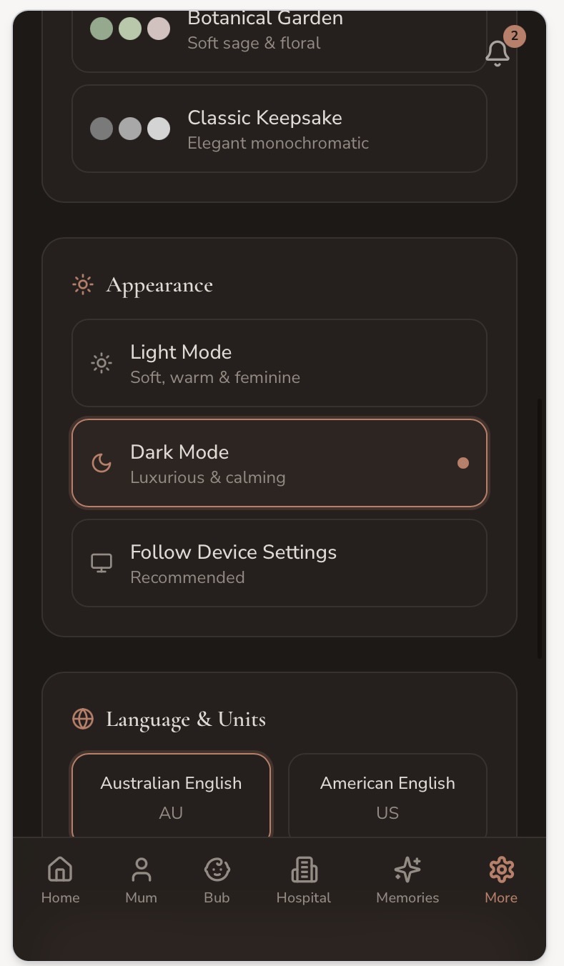 Before We Meet settings screen offering light, dark and device-matched appearance, plus language and keepsake themes