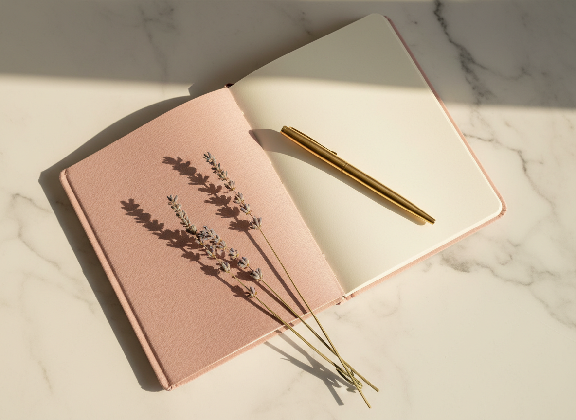 A premium pregnancy journal with dried lavender on a marble surface in warm golden light