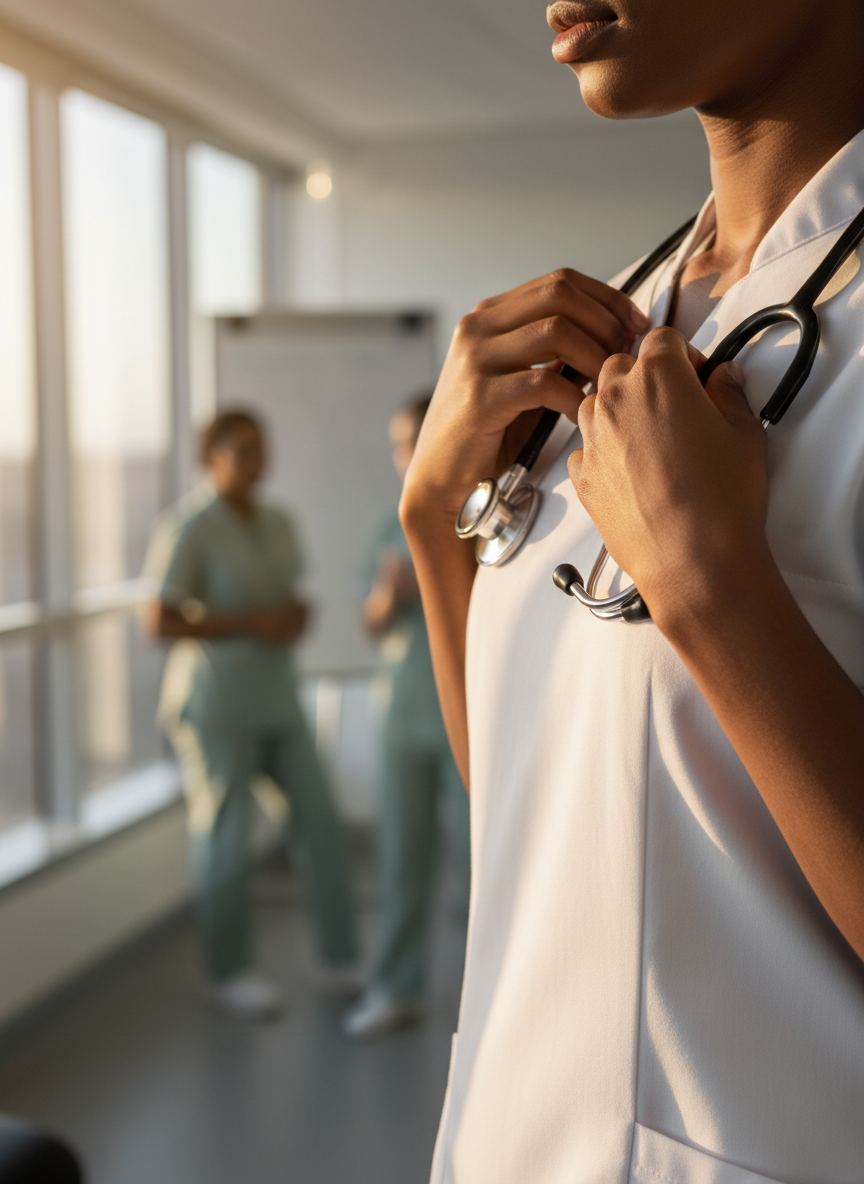 Nursing student adjusting stethoscope at Khanyisa Nursing College