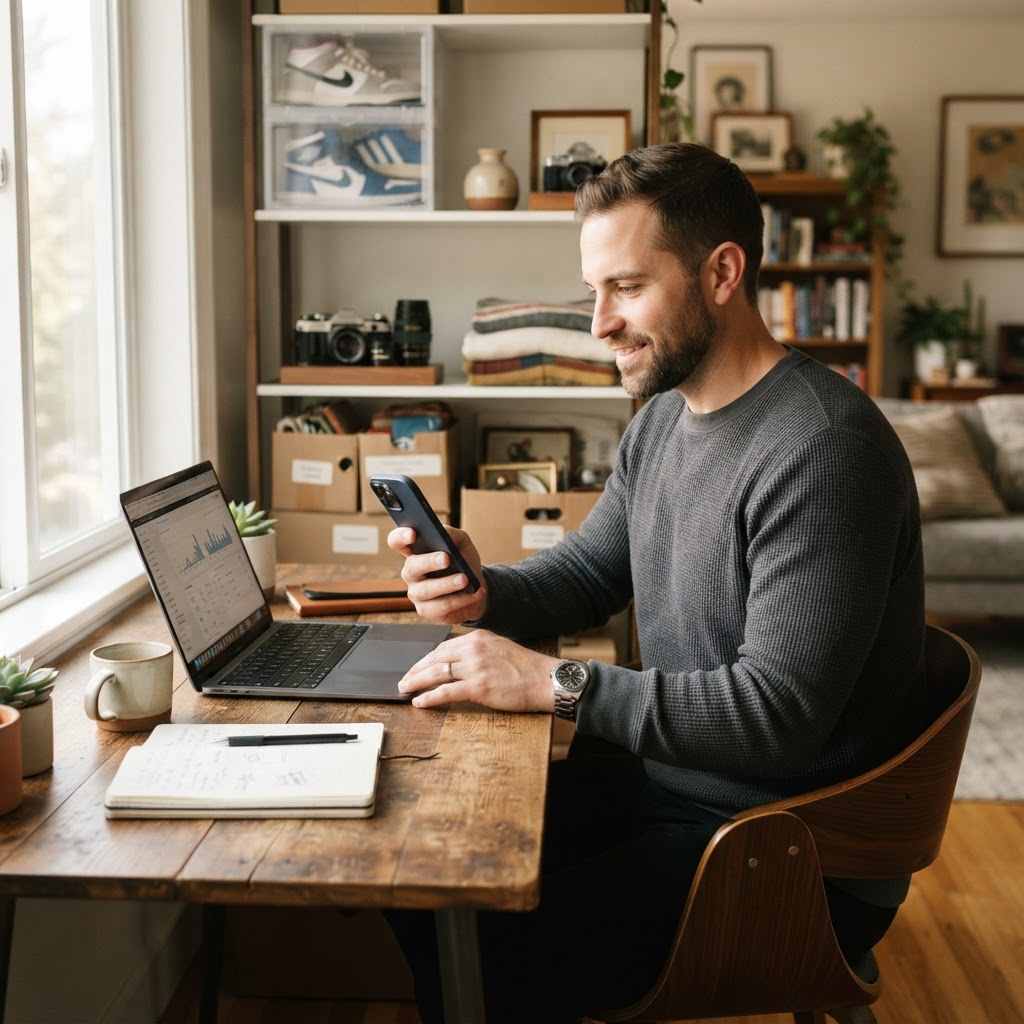 A reseller analyzing thrifted finds with a smartphone and laptop