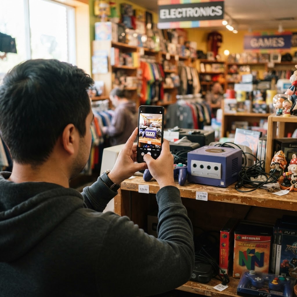 A shopper photographing a GameCube in a thrift store