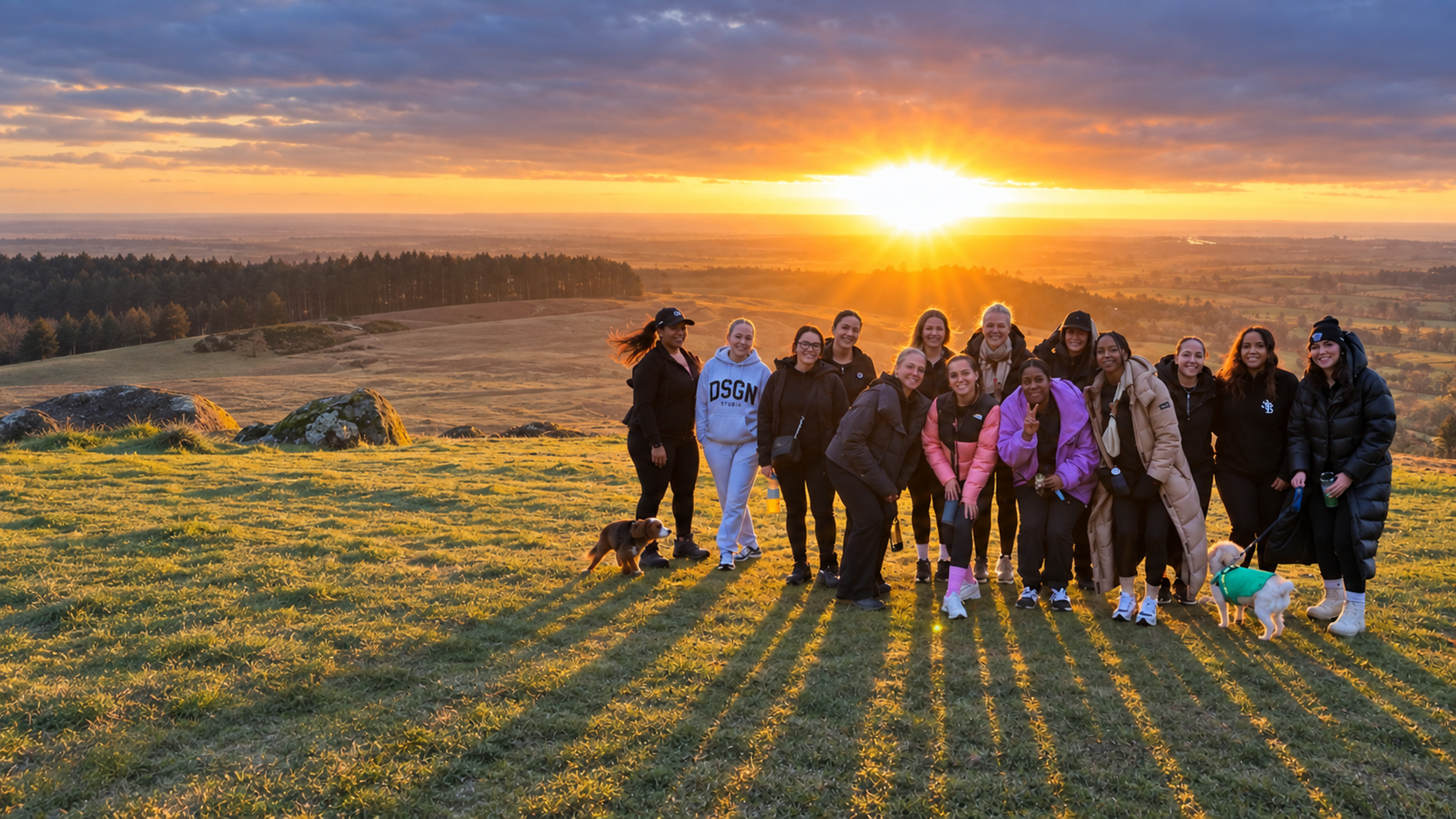 Soul & Sculpt community of women together on a hillside at sunset