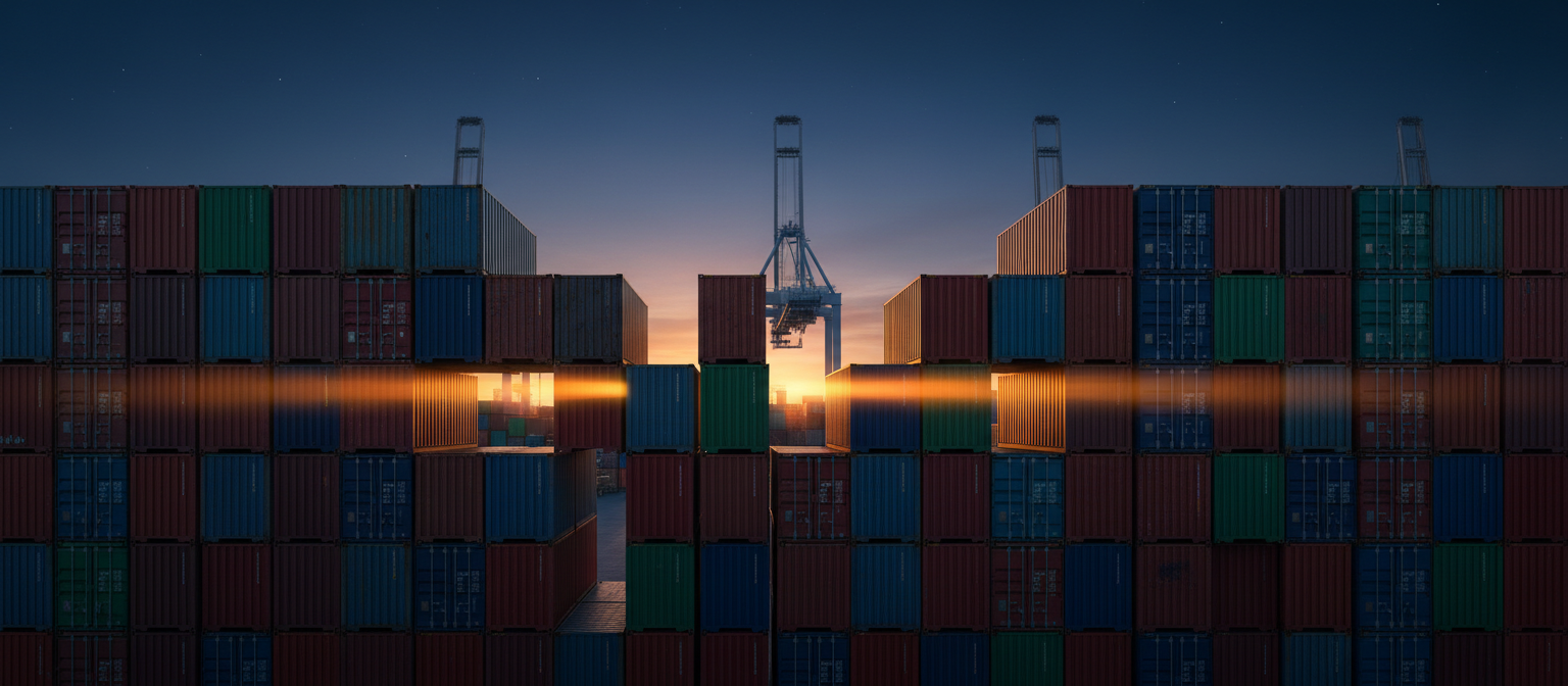 Global shipping port at dusk with cargo containers