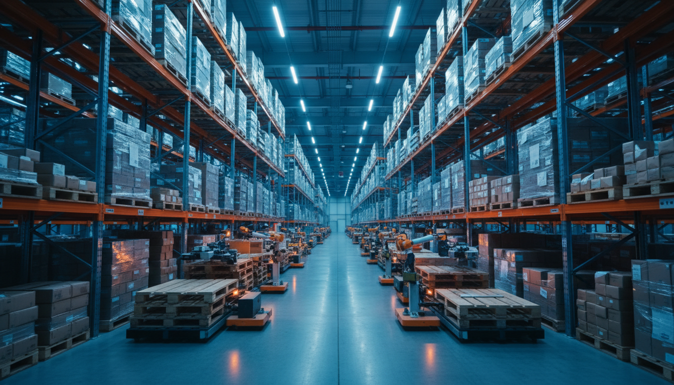 Modern automated warehouse with organized logistics systems