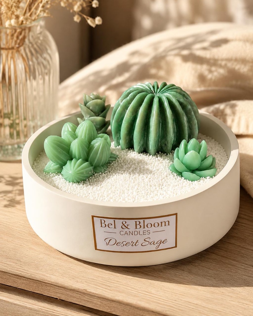 Desert Sage succulent candle in a circular container by Bel & Bloom