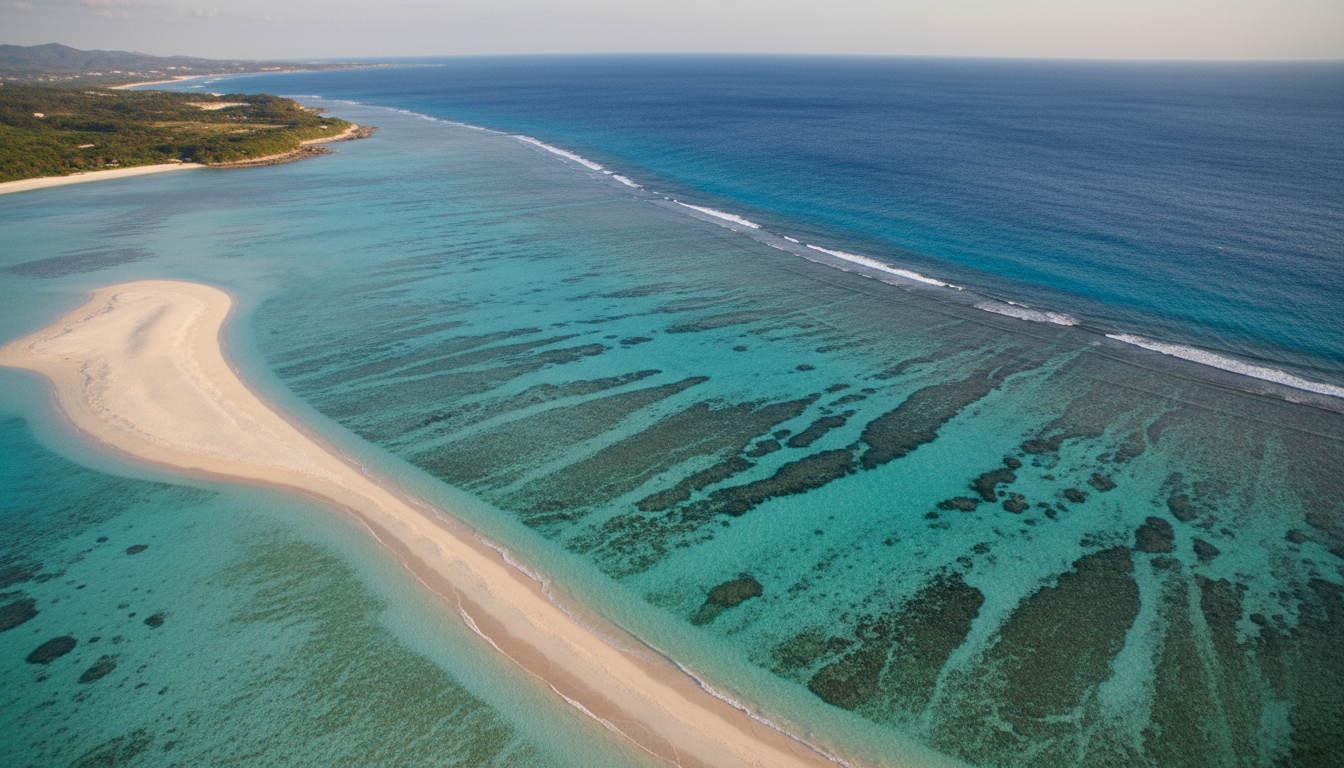 Okinawa coastline with turquoise reef waters meeting deep Pacific blue