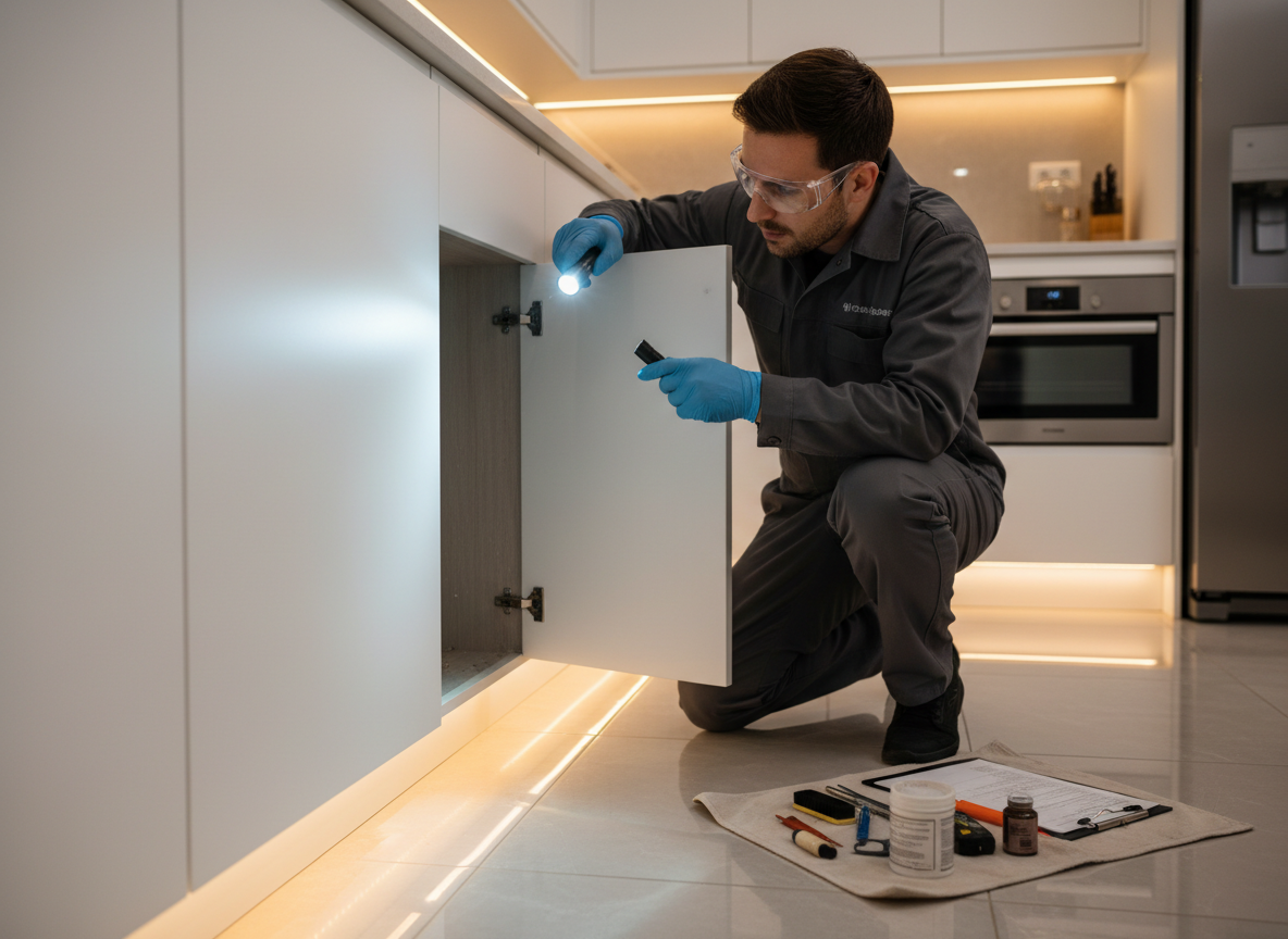 Pest control technician inspecting a home