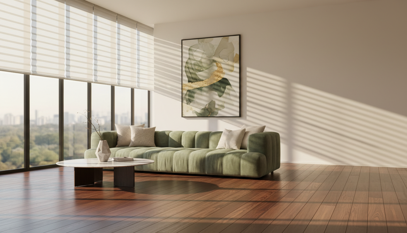 Elegant living room with custom curtains filtering warm sunlight