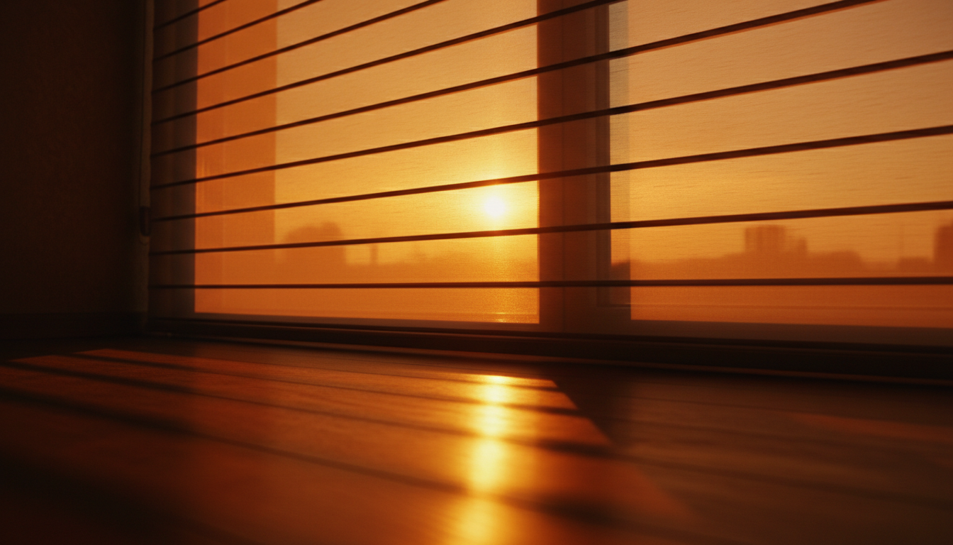Golden sunset light filtering through custom curtains