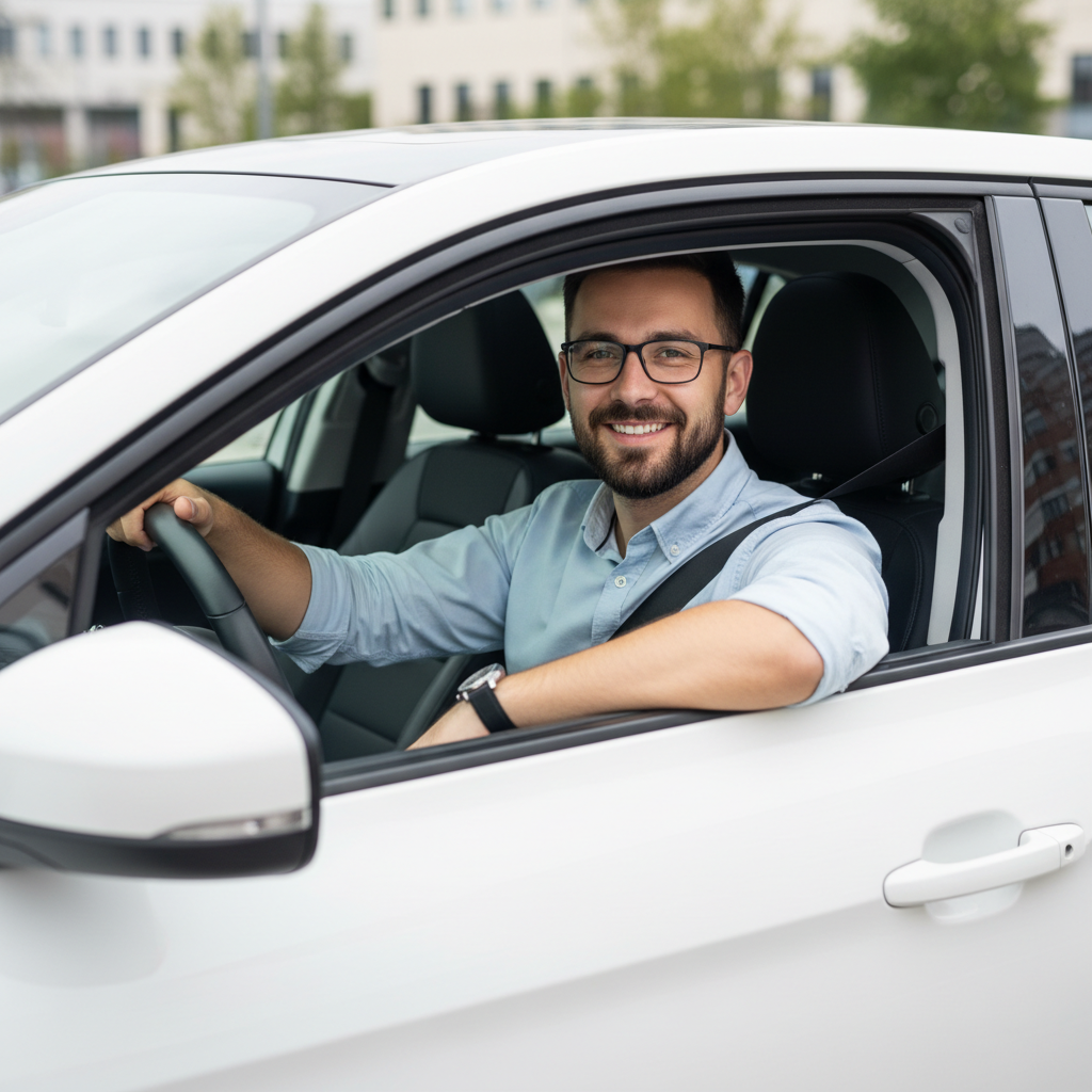 Smiling rideshare driver seated in a rental car, ready to drive and earn