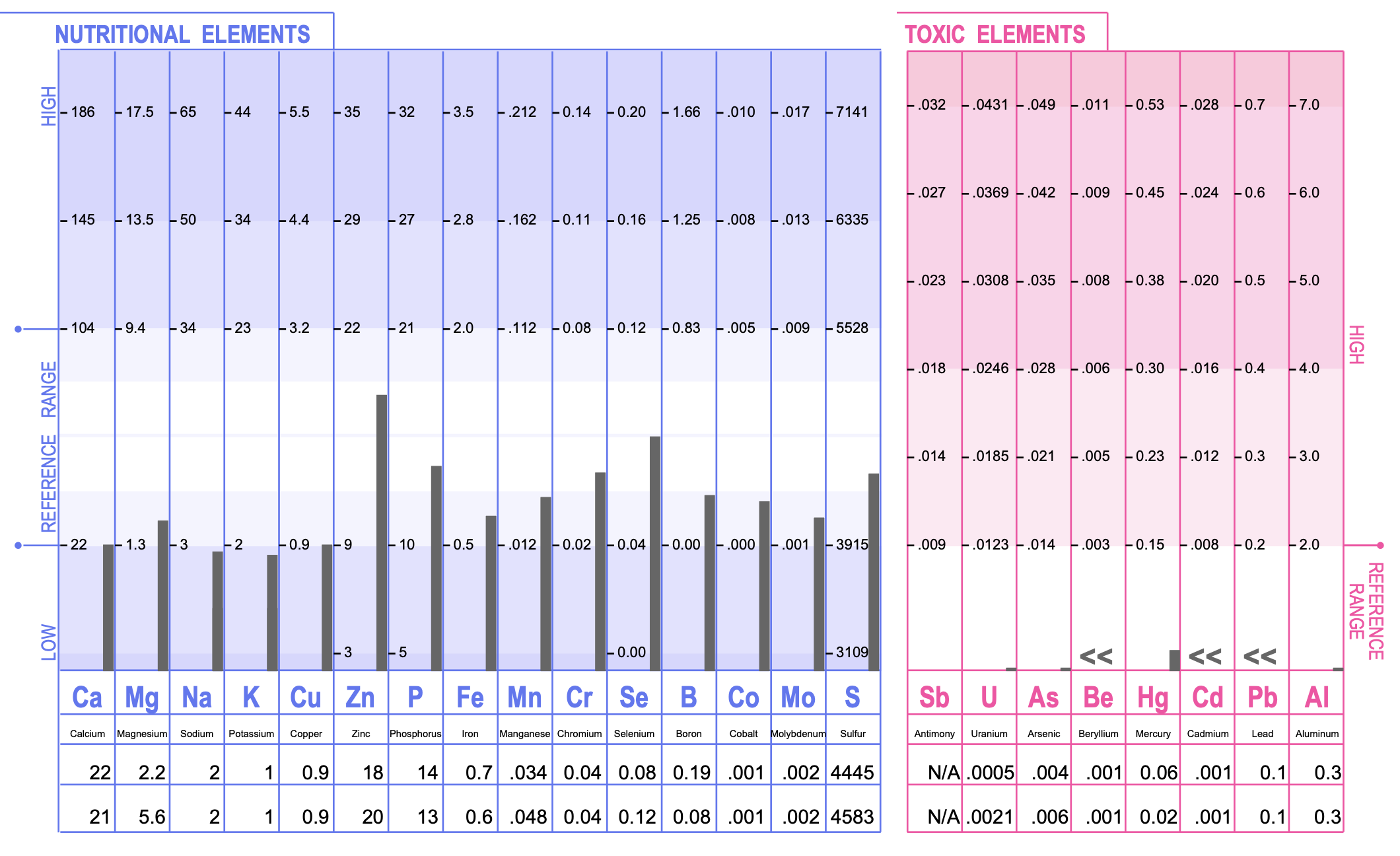 Sample HTMA report showing nutritional elements and toxic elements with reference ranges