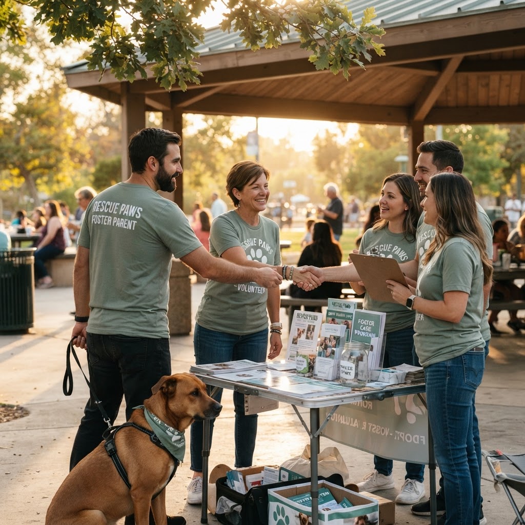 A meeting of animal activists and foster parents in a sunny community park pavilion — a warm partnership handshake with a few attendees and rescue dogs nearby