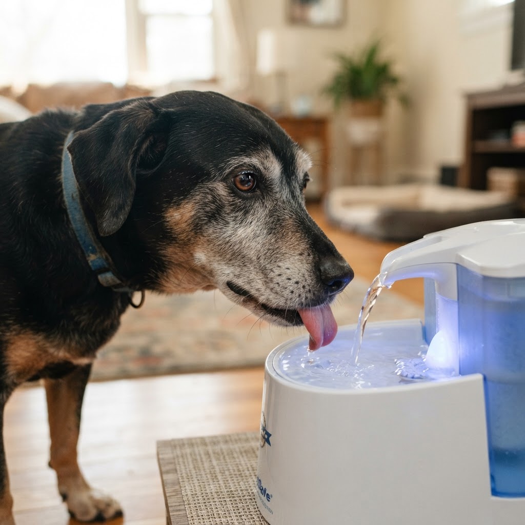Old flat-coated dog gently licking water from a fountain