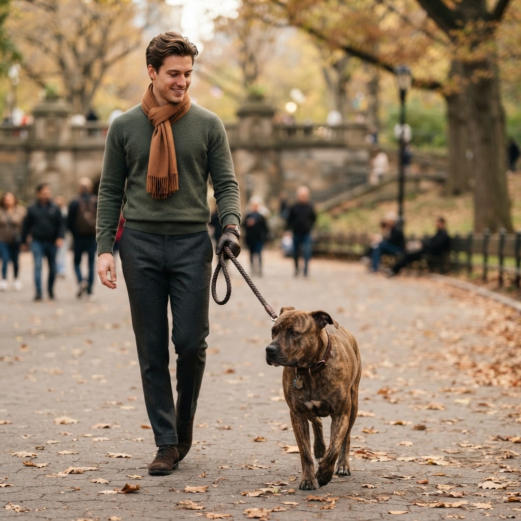 Brindle bully dog on an exclusive hand-braided leather leash with an elegantly dressed young gentleman