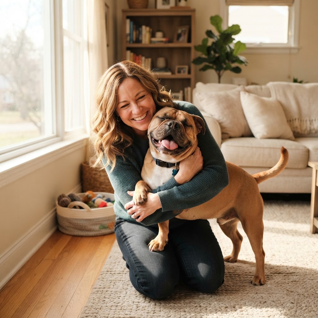 A woman in her 40s hugging her happy flat-coated bulldog-mix foster dog at home