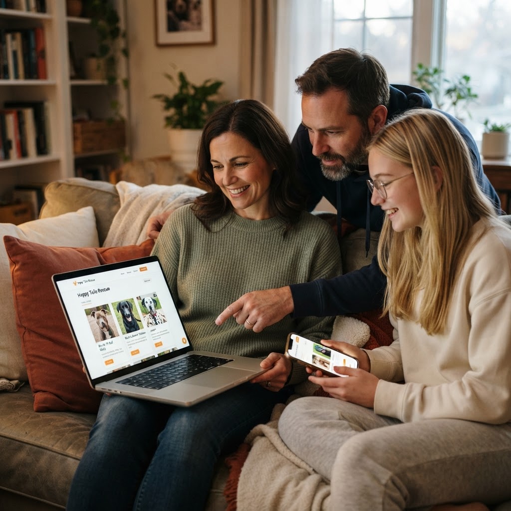 Family with a teenage kid intent and focused, eyes on the laptop and cell phone screens as they look at adoptable rescue dog listings together