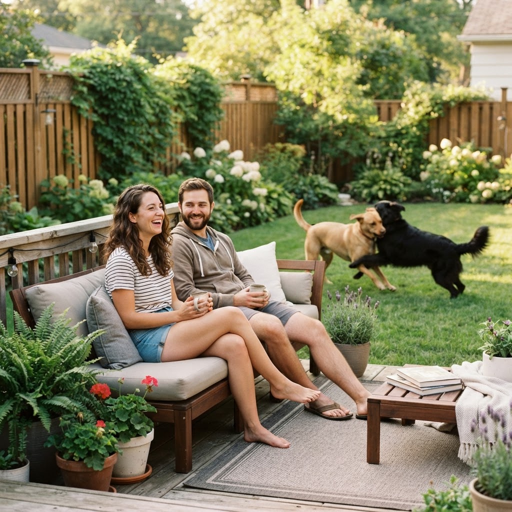 Two large flat-coated dogs — one light brown, one black — playing together in the yard while the young couple relaxes on their patio couch, delighted to watch them