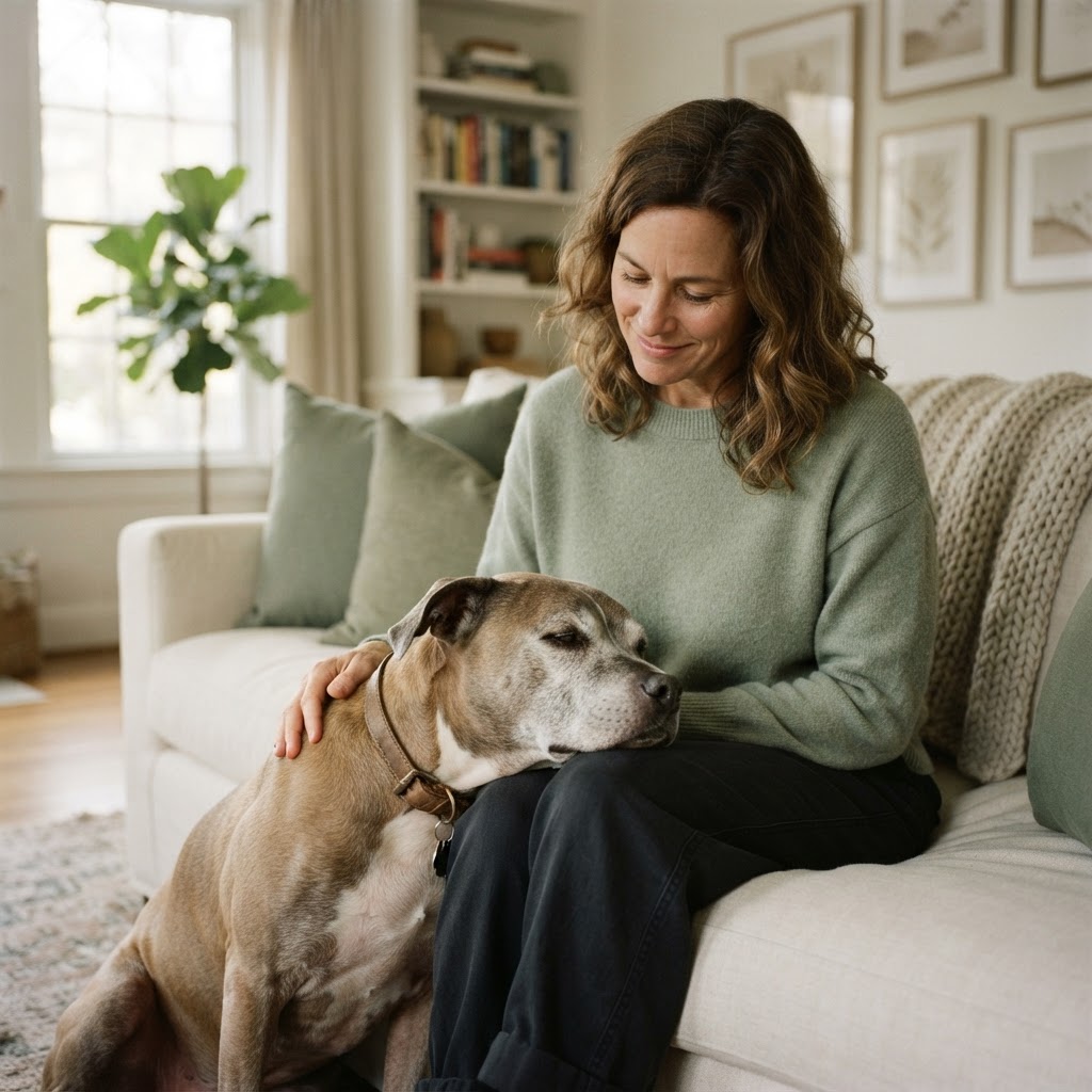 Foster parent lovingly embracing their happy senior rescue dog — the emotional bond that motivates foster parents