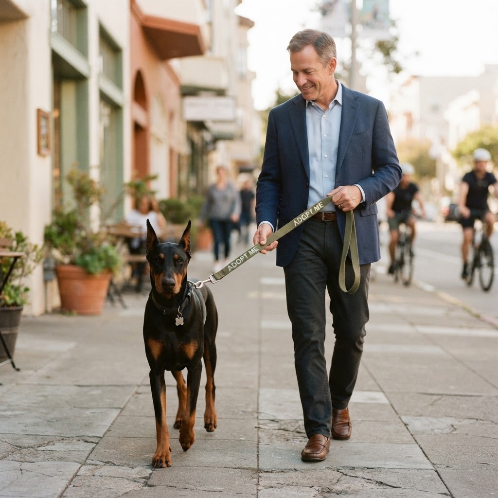 Doberman on an olive-green leash with white 'Adopt Me' lettering, held by a nicely dressed gentleman