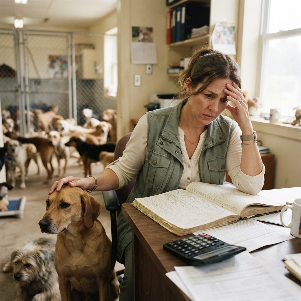 Concerned female shelter director doing math over expenses while studying dog numbers in a ledger book, with two rescue dogs beside her and many other dogs in the kennels behind