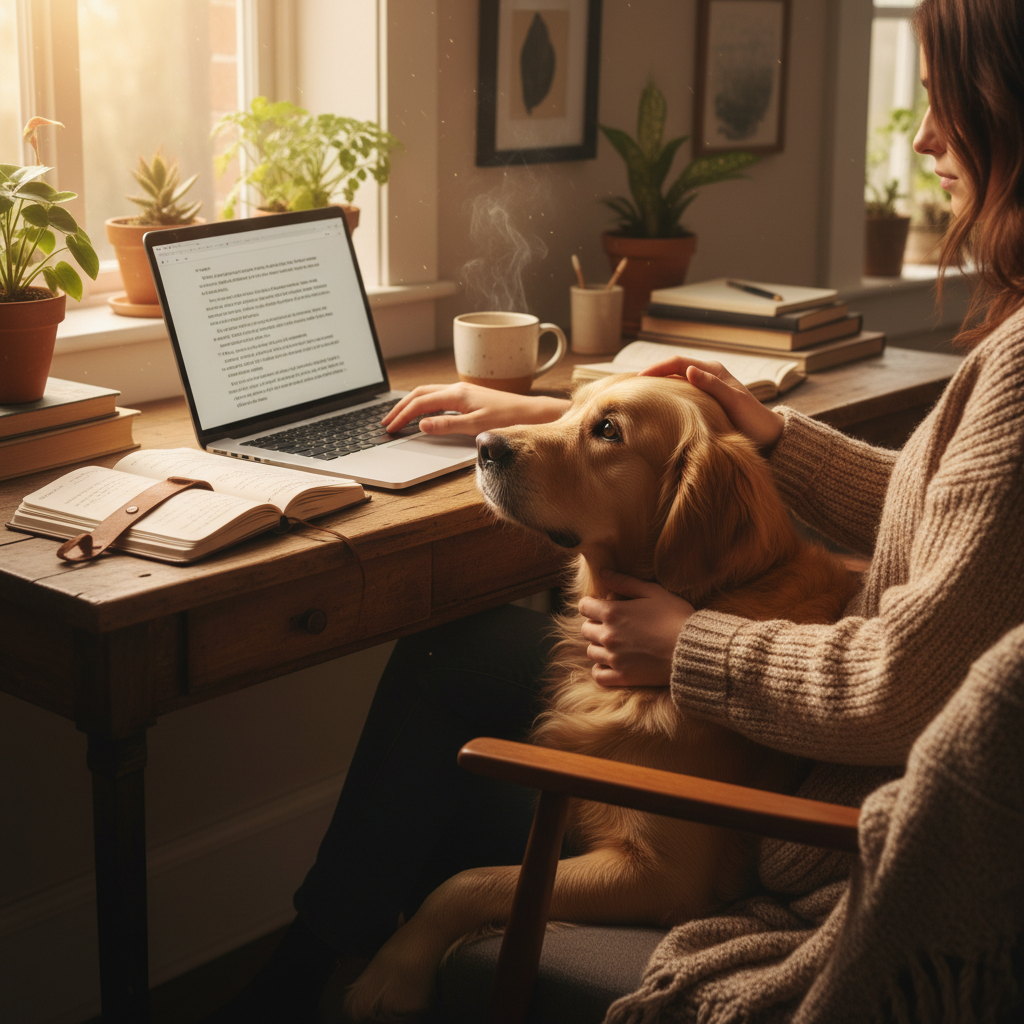 Writing at a desk with a laptop and a dog resting nearby