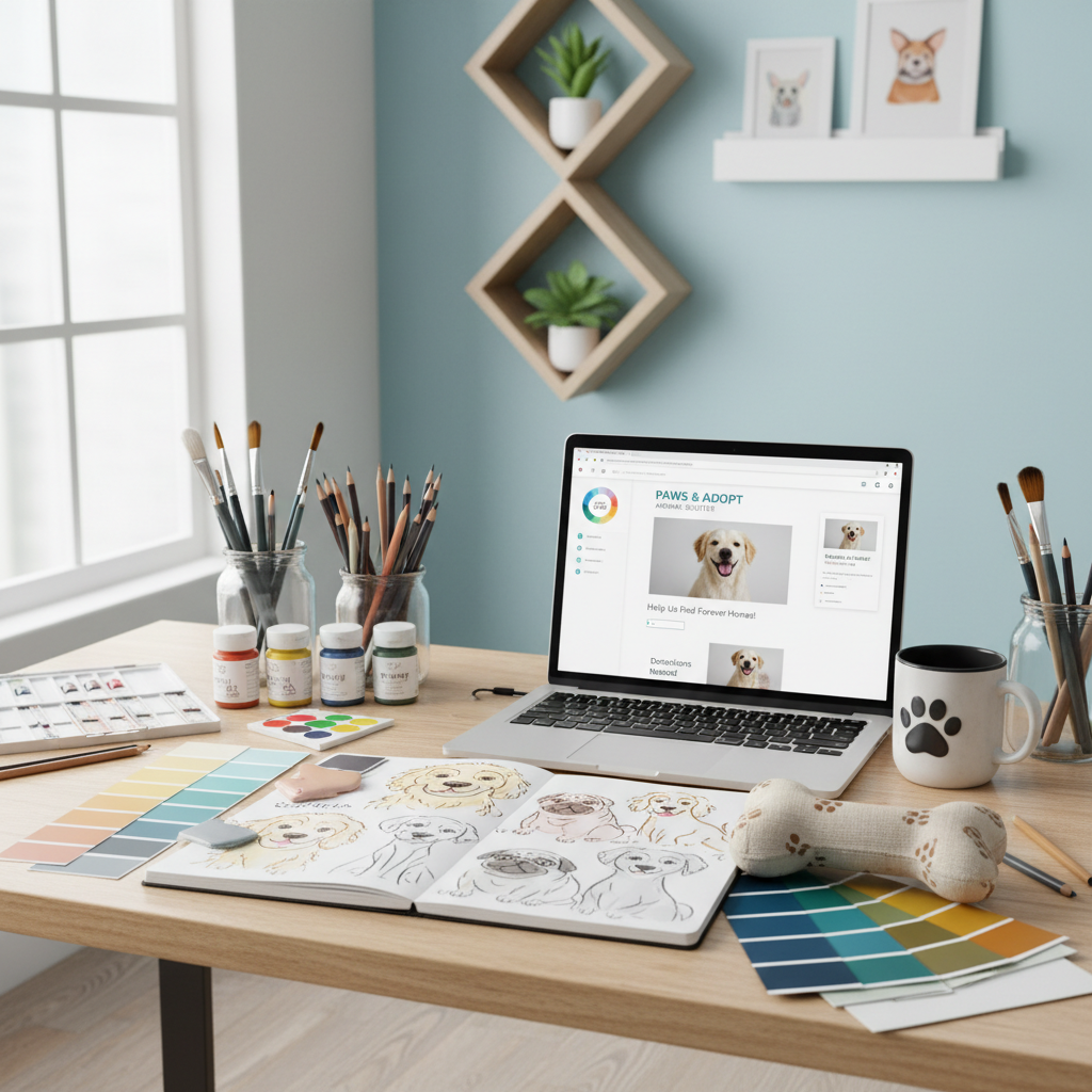 Design tools, color swatches, and creative supplies for animal welfare marketing
