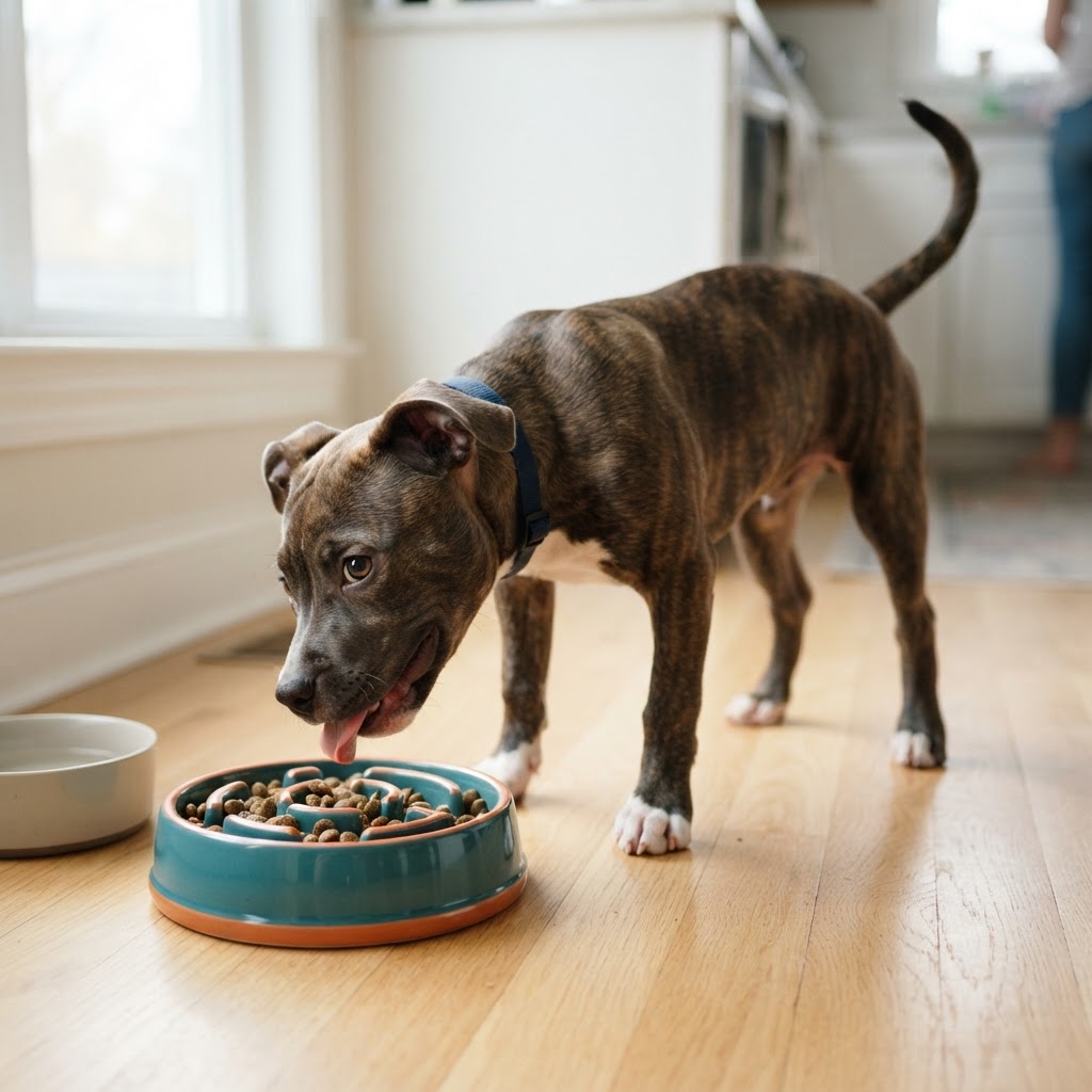 Young pit bull type dog slowly and happily enjoying kibble from a colorful maze-style slow-feeder bowl on a kitchen floor, tail held high, happy face