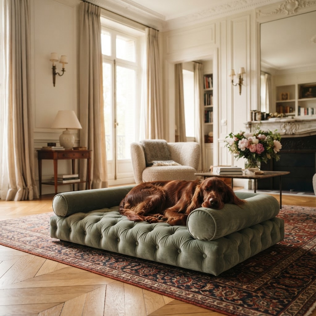 Irish Setter resting peacefully on an elegant velvet-tufted designer dog lounger in sage and ivory in an elegant European country estate living room