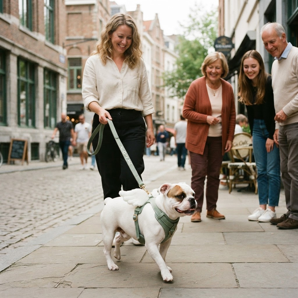 Sweet white short-haired bulldog-mix wearing a matching winged-harness-and-leash set with 'Adopt Me' — white passersby warmly admire him