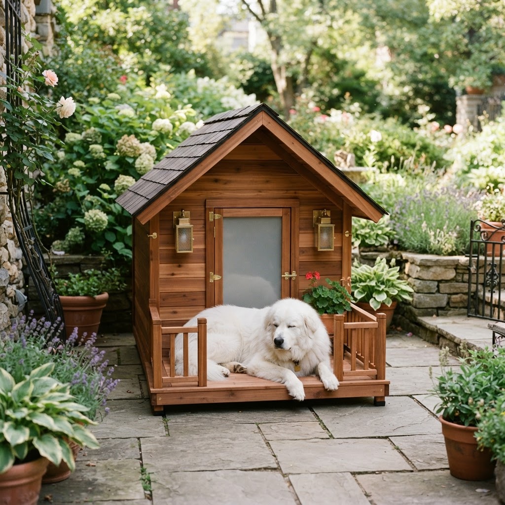 Elegant designer cedar dog house with shingled roof and small porch, with a regal Great Pyrenees resting on the porch