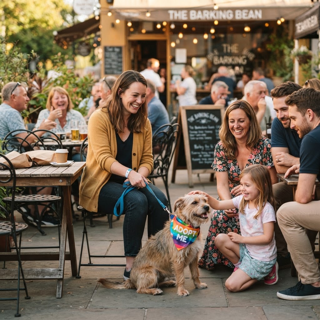 Proud foster parent showing off their dog, passersby looking with interest