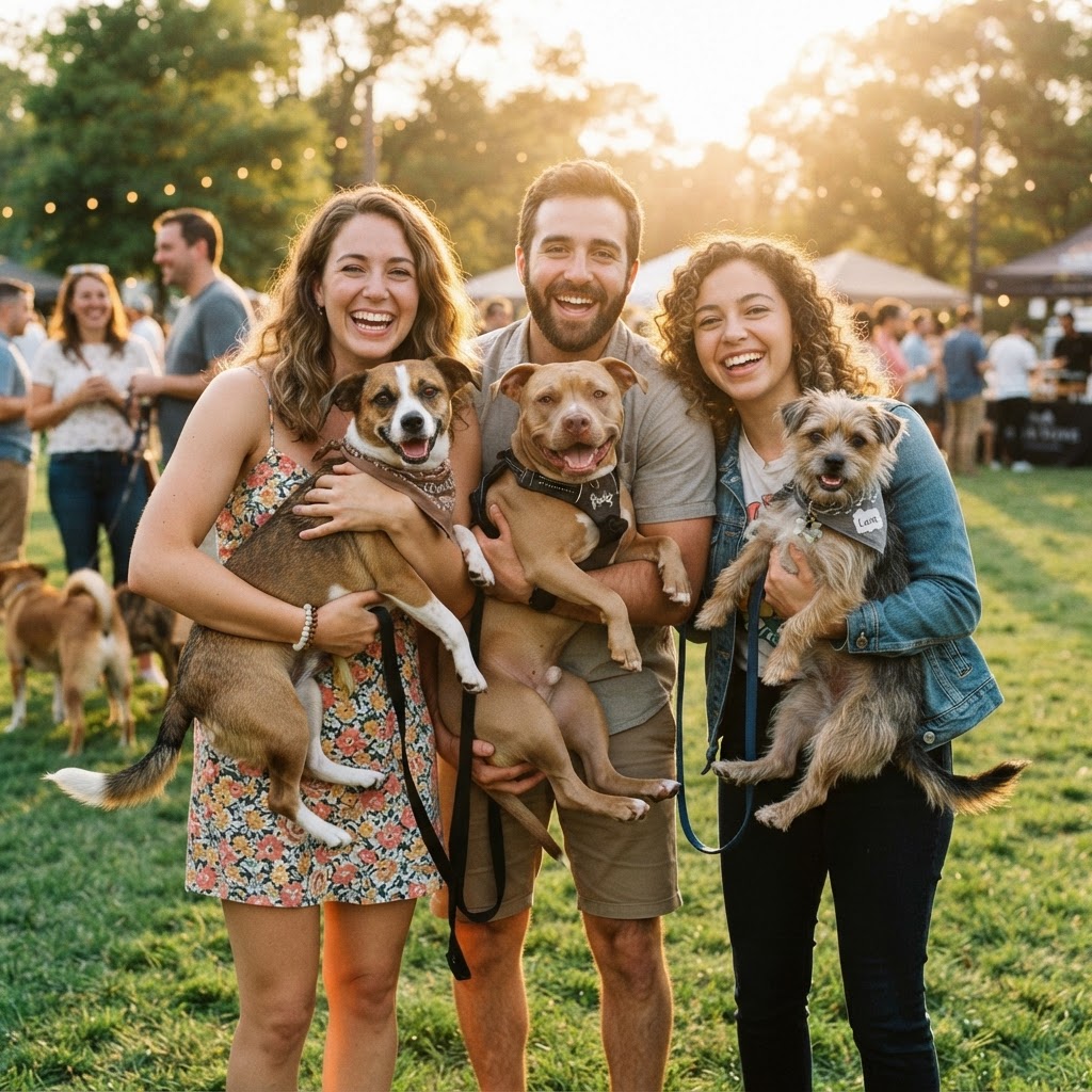 Community of dog lovers gathering with their rescue dogs