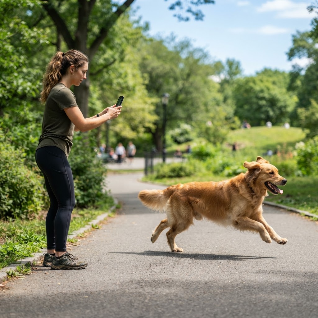 A person filming a happy dog running past from the side in a sunny park