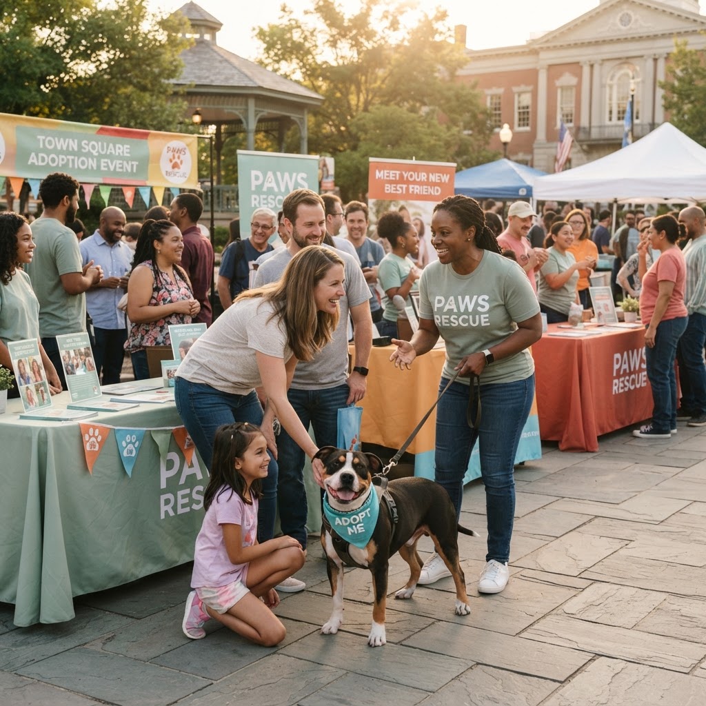 Paws Rescue volunteers introducing foster dogs to potential adopters at a sunny town square adoption event