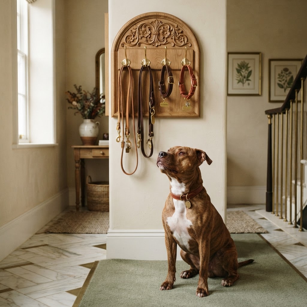 Beautiful opulent designer oak leash hanging board with hand-carved floral scrollwork and polished brass double hooks; a Brindle Pit Bull looks up expectantly