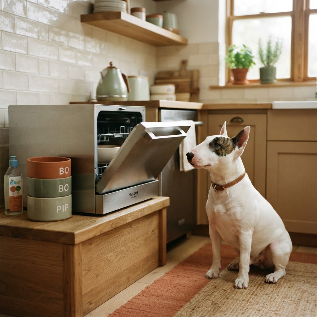 Compact stainless countertop dishwasher on a kitchen counter with clean dog bowls beside it; a Bull Terrier watches