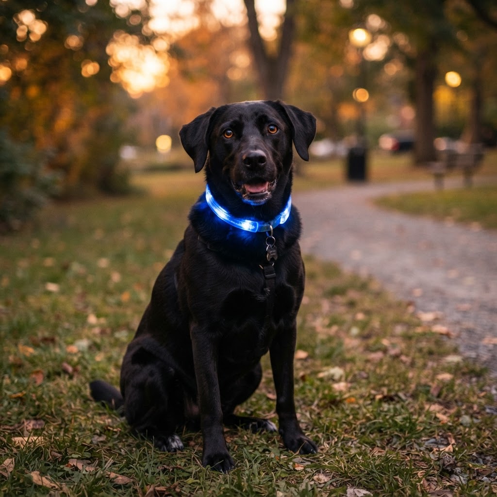 Large black dog wearing a glowing LED collar at dusk