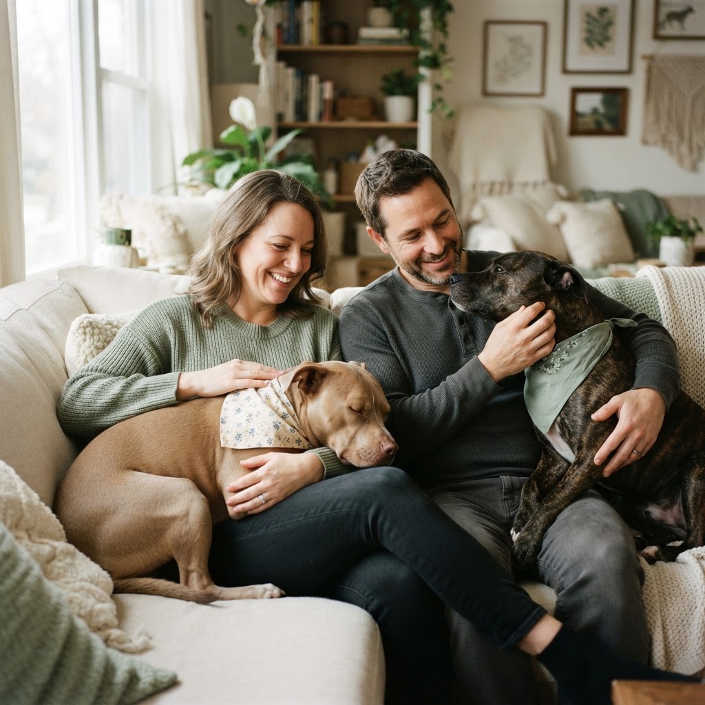A couple fostering two pit-bull-mix rescue dogs as if they were their own children on a cozy living-room sofa