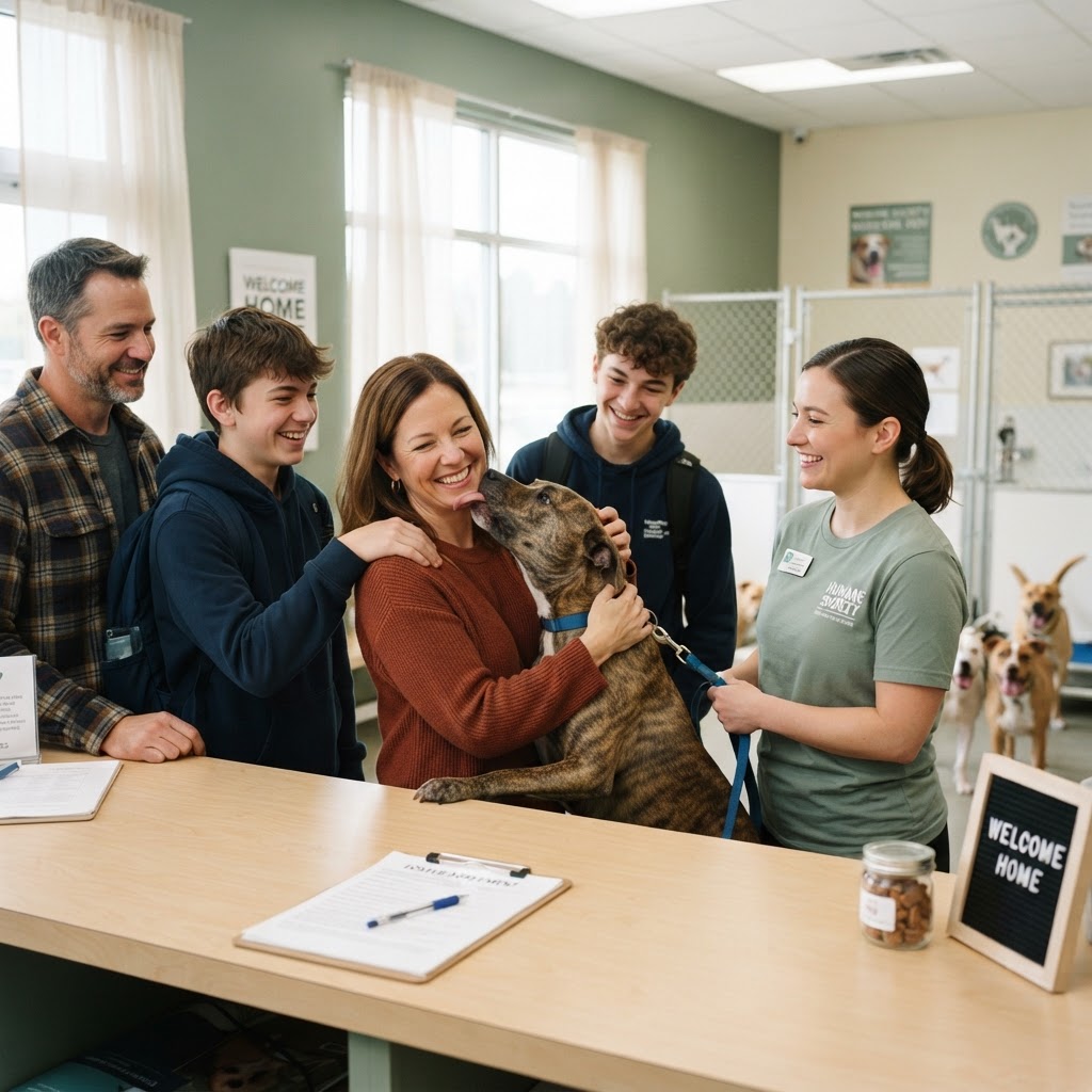 Foster family with a teenage kid receiving their new Brindle Pit Bull mix foster dog at the shelter counter — more rescue dogs of various breeds wait happily behind