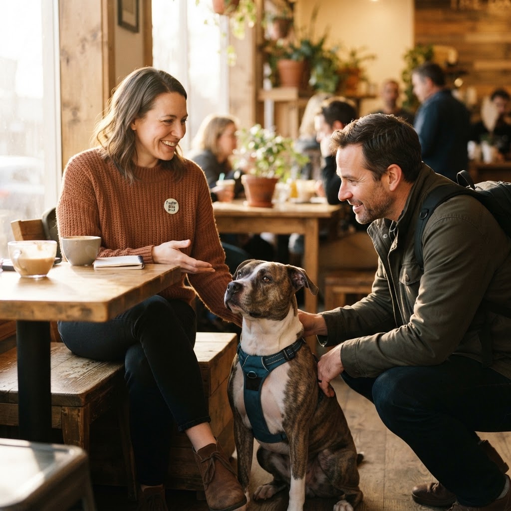A foster parent warmly introducing their foster dog to an interested stranger in a sunlit café — everyday personal contact leads to foster-dog awareness